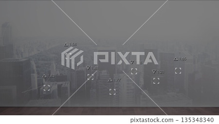 Presenting panoramic skyline through glass wall in high-rise, featuring wood floor, digital overlay 135348340