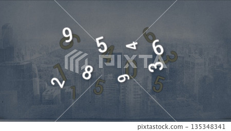 Floating 3D numerals glowing white and olive-green hovering over rooftop skyline textured overlay 135348341