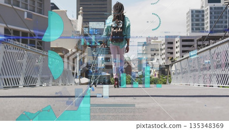Walking man pushing bicycle on pedestrian bridge, with backpack and digital charts overlay Walking man pushing bicycle on pedestrian bridge, with backpack and digital charts overlay 135348369