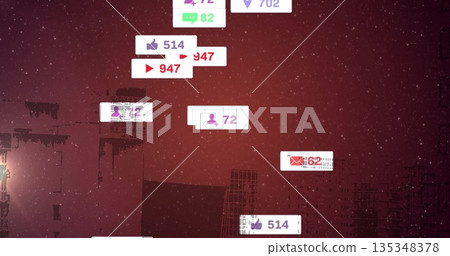 Floating social media notification icons glowing over night city skyline, showing engagement counts 135348378