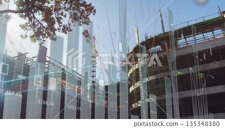 Showing framework with tower cranes and scaffold at construction zone with data overlays 135348380