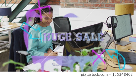 Writing professional woman wearing teal top taking notes at office desk under HUGE SALE overlay Writing professional woman wearing teal top taking notes at office desk under HUGE SALE overlay 135348402