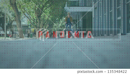 Riding bicycle, man wearing tan jacket and backpack gliding down urban boulevard, with lampposts Riding bicycle, man wearing tan jacket and backpack gliding down urban boulevard, with lampposts 135348422