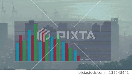 Displaying translucent bar chart overlay over foggy waterfront skyline, showing red green blue bars Displaying translucent bar chart overlay over foggy waterfront skyline, showing red green blue bars 135348441