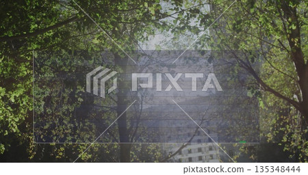 Superimposing translucent app window showing control buttons and lines over courtyard with trees Superimposing translucent app window showing control buttons and lines over courtyard with trees 135348444