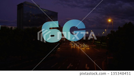 Glowing digital 6G graphic overlay hovering over urban road at dusk, with vehicles and streetlights Glowing digital 6G graphic overlay hovering over urban road at dusk, with vehicles and streetlights 135348451