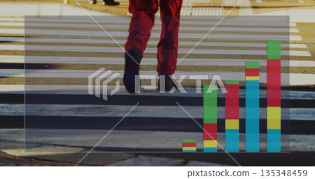 Stepping legs in red pants and black boots crossing zebra crosswalk with stacked bar chart overlay 135348459