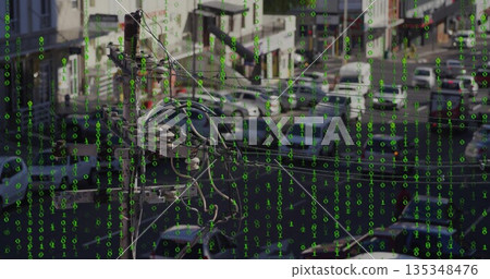 Utility pole displaying transformer and cables in parking lot, green binary overlay, copy space Utility pole displaying transformer and cables in parking lot, green binary overlay, copy space 135348476