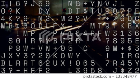 Displaying random white alphanumeric text overlaying night city highway, with blurred light trails 135348477