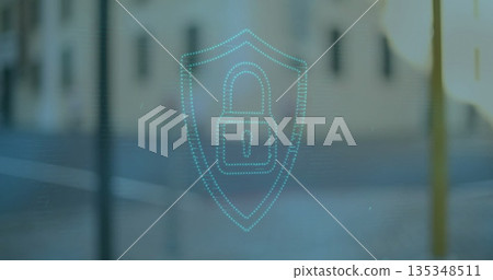 Floating holographic shield icon over blurred city street background, with padlock icon Floating holographic shield icon over blurred city street background, with padlock icon 135348511