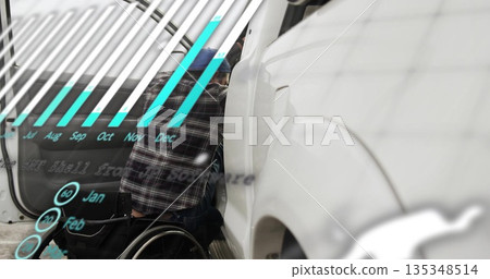 Man in wheelchair wearing plaid shirt and beanie inspecting car door in garage, featuring bar chart Man in wheelchair wearing plaid shirt and beanie inspecting car door in garage, featuring bar chart 135348514
