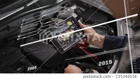 Auto technician wearing dark jacket analyzing engine in garage with tablet displaying AR timelines Auto technician wearing dark jacket analyzing engine in garage with tablet displaying AR timelines 135348516