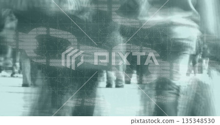 Walking blurred pedestrians moving along urban walkway, with floating binary code and network lines 135348530