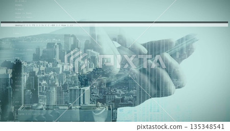 Holding pair of hands interacting with touchscreen tablet over city skyline, floating code blocks 135348541