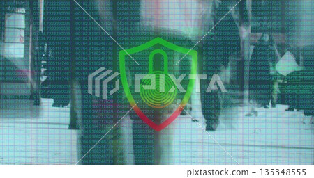 Displaying translucent shield graphic hovering over office corridor, with cascading numeric data 135348555