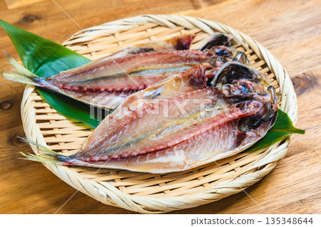 Filleted horse mackerel served on a bamboo basket Filleted horse mackerel served on a bamboo basket 135348644