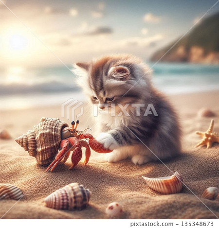 小貓咪在摸寄居蟹 小貓咪在摸寄居蟹 135348673