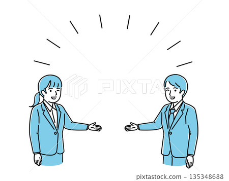 Illustration of a man and woman in a suit guiding to the center, please, business, pair, copy space, vector 135348688