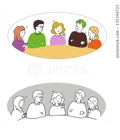 Image of five adults sitting and having a discussion 135348722
