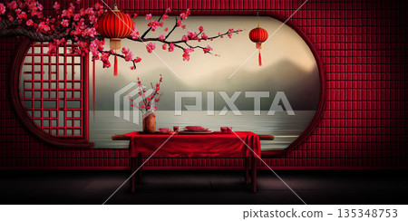 Traditional red Asian interior with lanterns and cherry blossoms for Chinese New Year. Festive table setting overlooking a misty landscape. Holiday celebration background with copy space 135348753