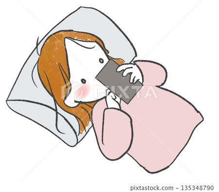 Woman looking at smartphone while sleeping Woman looking at smartphone while sleeping 135348790