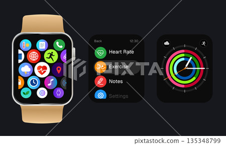 Realistic vector illustration of smartwatch with beige strap colorful app icons fitness activity rings interface wearable concept for health tracking user interface design Realistic vector illustration of smartwatch with beige strap colorful app icons fitness activity rings interface wearable concept for health tracking user interface design 135348799