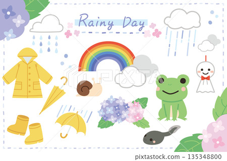 一組以柔和色調繪製的可愛雨天插畫。 一組以柔和色調繪製的可愛雨天插畫。 135348800