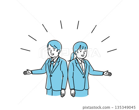 Illustration of a man and woman in suits standing back to back guiding the outside, please, business, introduction, vector 135349045
