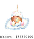 Easter cake with white glaze, colored sprinkles, lit candle, painted eggs in pastel color, stands on delicate lace napkin. Inscription Christ is Risen in center. Watercolor isolated illustration 135349199