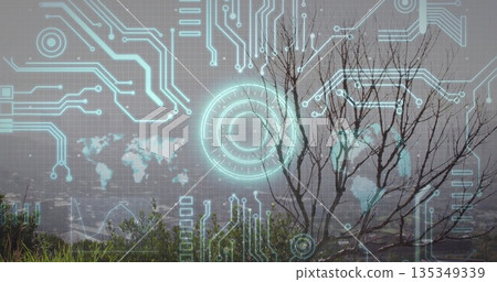 Showing leafless tree standing on grassy slope viewing urban valley, with HUD overlays, copy space 135349339