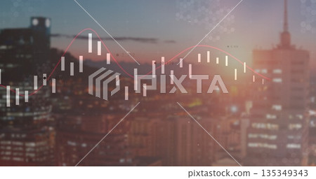 Hovering financial chart overlay over dusk skyline, with labeled white candlesticks red trend line 135349343
