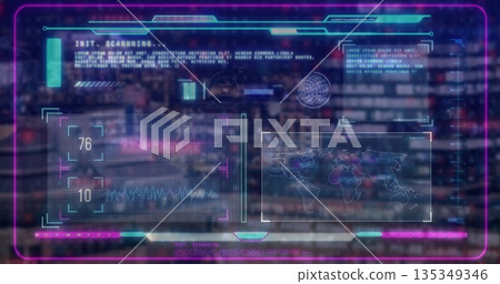 Displaying HUD overlay over city skyline at dusk, with neon purple border and wireframe globe icon Displaying HUD overlay over city skyline at dusk, with neon purple border and wireframe globe icon 135349346