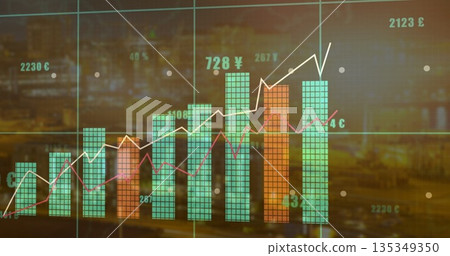 Displaying teal and orange bars and white and red lines over blurred skyline, grid, currency labels 135349350