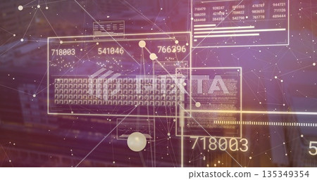 Projecting UI windows displaying keyboard, data panels, network nodes and spheres in control room Projecting UI windows displaying keyboard, data panels, network nodes and spheres in control room 135349354