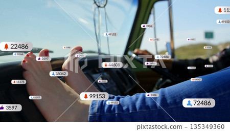 Resting barefoot woman propping red toenails on dashboard in convertible car, with notifications Resting barefoot woman propping red toenails on dashboard in convertible car, with notifications 135349360