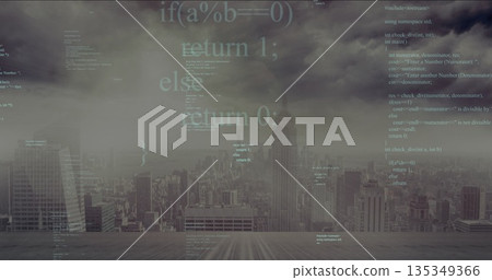 Displaying city skyline overlaid with programming code on wooden rooftop decking, with skyscrapers Displaying city skyline overlaid with programming code on wooden rooftop decking, with skyscrapers 135349366