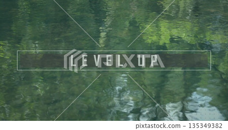 Floating translucent LEVEL UP banner overlaying green lake water, reflecting forest surroundings Floating translucent LEVEL UP banner overlaying green lake water, reflecting forest surroundings 135349382