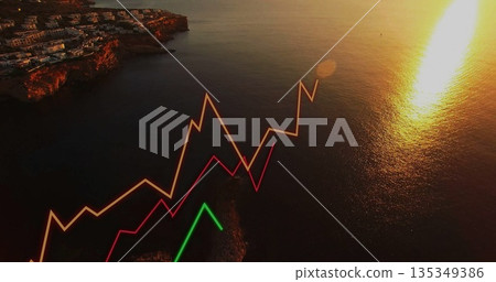 Rising zigzag line graphs over sea in cliffside village with white buildings, sun reflection Rising zigzag line graphs over sea in cliffside village with white buildings, sun reflection 135349386