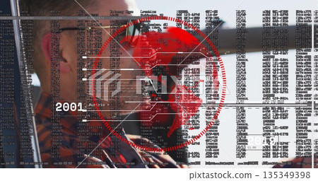 Pilot with headset and plaid shirt piloting plane in cockpit, with red globe overlay and code Pilot with headset and plaid shirt piloting plane in cockpit, with red globe overlay and code 135349398