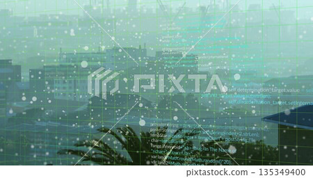Viewing skyline through raindrop flecked glass at high-rise deck, with palm frond and code overlay Viewing skyline through raindrop flecked glass at high-rise deck, with palm frond and code overlay 135349400