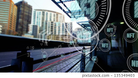 Floating holographic NFT icons hovering over urban transit platform with metal railing and canopy 135349403