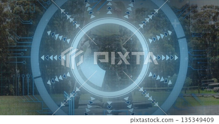 Overlaying translucent scanning HUD over park lawn, with concentric rings and triangular arrows Overlaying translucent scanning HUD over park lawn, with concentric rings and triangular arrows 135349409
