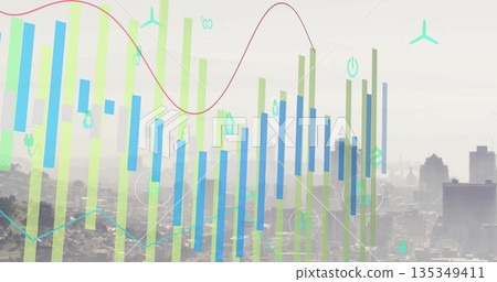 Showing data overlay on hazy skyline with green-blue bars, red sine-wave, teal zigzag and eco icons Showing data overlay on hazy skyline with green-blue bars, red sine-wave, teal zigzag and eco icons 135349411