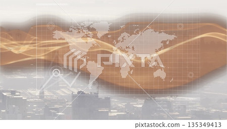 Covering cityscape with dotted world map overlay, grid lines, golden waves, markers, faint graph Covering cityscape with dotted world map overlay, grid lines, golden waves, markers, faint graph 135349413