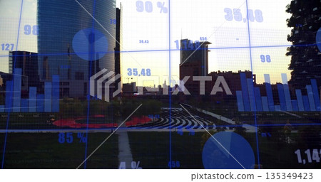 Running concrete walkway toward seating in urban park at sunset, with translucent blue data overlay Running concrete walkway toward seating in urban park at sunset, with translucent blue data overlay 135349423