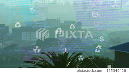 Floating cluster of icons and code overlays above smoggy urban skyline, with eco finance symbols Floating cluster of icons and code overlays above smoggy urban skyline, with eco finance symbols 135349426