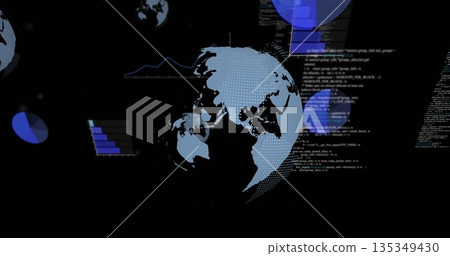 Stylized 3D globe rotating in virtual interface, with code snippet overlays, charts and globe icons Stylized 3D globe rotating in virtual interface, with code snippet overlays, charts and globe icons 135349430
