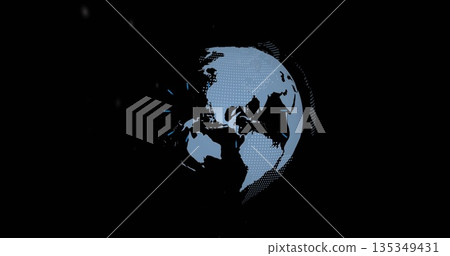 Rotating stylized globe glowing in dark digital void, with muted blue continents halftone texture Rotating stylized globe glowing in dark digital void, with muted blue continents halftone texture 135349431