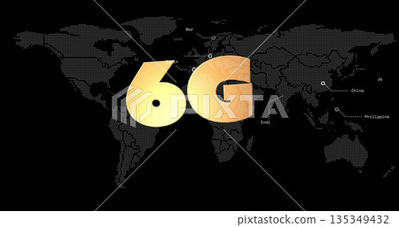 Displaying golden 6G label over dotted world map screen with circular markers, dashed lines, labels 135349432