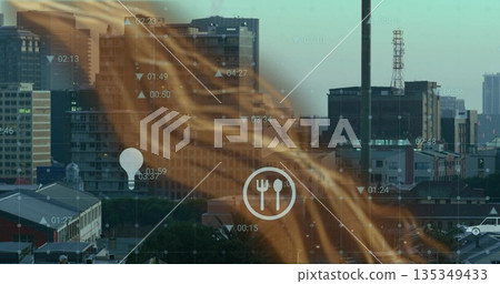 Flowing data wave mapping timestamps, arrows, lightbulb, utensils and car icons across city skyline 135349433